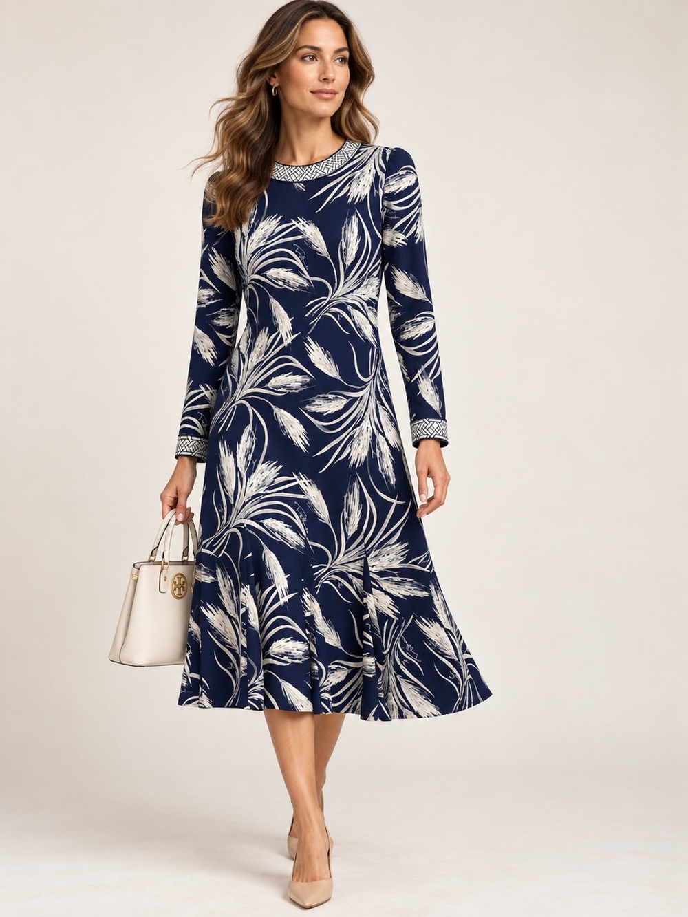 Tory Burch Claire Silk A-Line Midi Dress M Navy Wheat Print $395